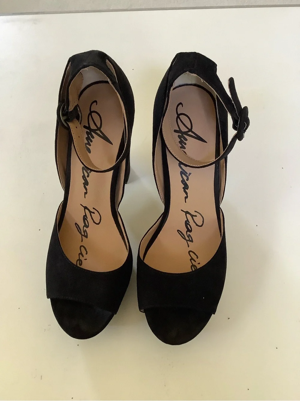 American Eagle Black Suede Platform Peep-Toe Heels with Ankle Buckle 5.5 - Picture 2 of 7